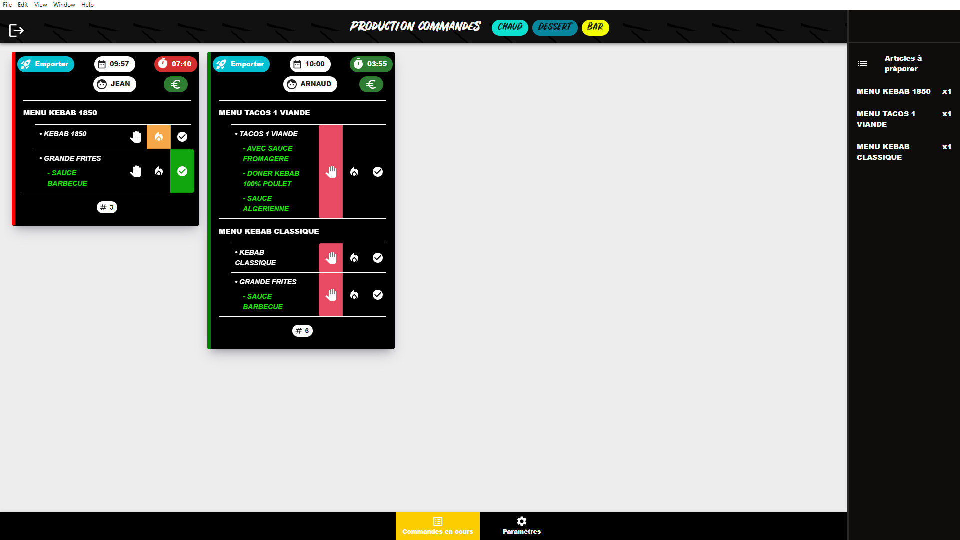 Écran production avec liste KDS